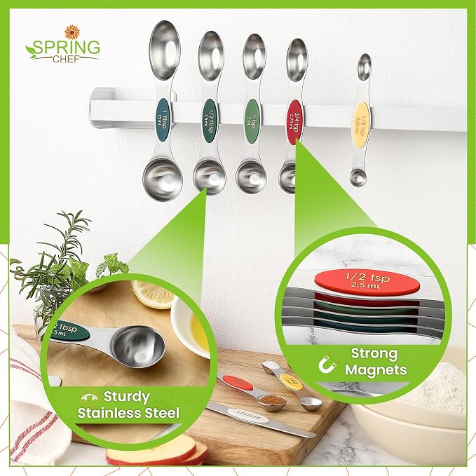 Spring Chef Stainless Steel Magnetic Measuring Spoons Set of 8, Very Merry | Dual Sided Metal Teaspoon & Tablespoon Measuring Spoons with Leveler for Dry & Liquid Ingredients, Fits in Kitchen Spice Jars
