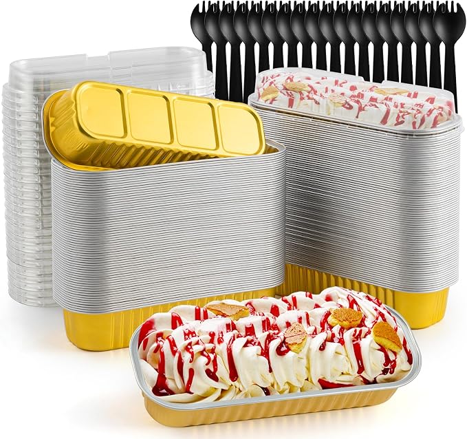 120Pcs Aluminum Min Foil Bakingi Loaf Pans with Lids and Spoons | Rectangle Mini Cake Pan,Brownie Baking Cups for Picnics Party (Gold)