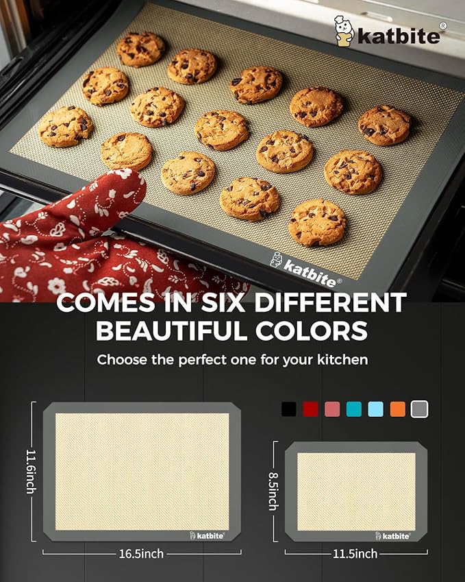 Katbite Silicone Baking Mat Set of 3 Grey | 2 Half Sheets Mats + 1 Quarter Baking Sheet, Reusable & Nonstick Bakeware Mats for Cookies, Macarons, Bread