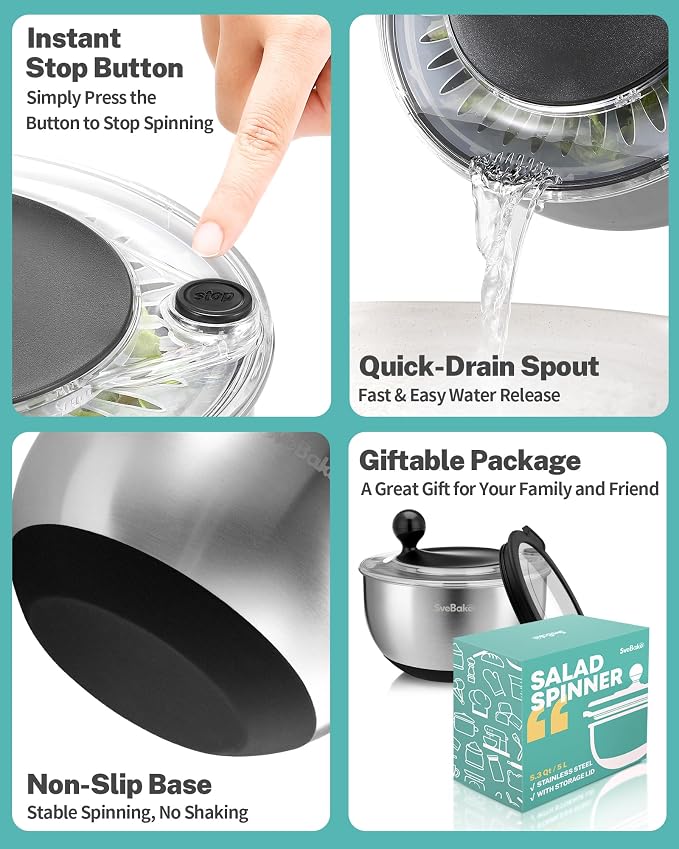Stainless Steel Salad Spinner with Storage Lid, 5.3 Qt, BPA-Free, 4-in-1 Multi-Functional Lettuce Spinner, Fruit & Vegetable Washer, Easy Clean, Stop Button, Non-Slip Base