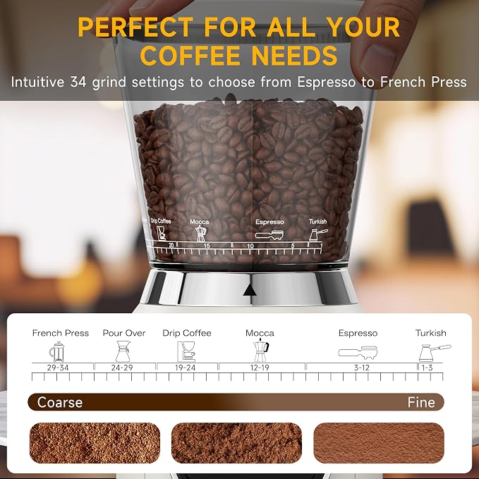 Conical Burr Coffee Grinder with 40mm Stainless Steel Burr, 34 Grind Settings Anti-static, Electric Espresso Grinder for Home Use – Perfect for Espresso, Drip Coffee, French Press & Cold Brew, White