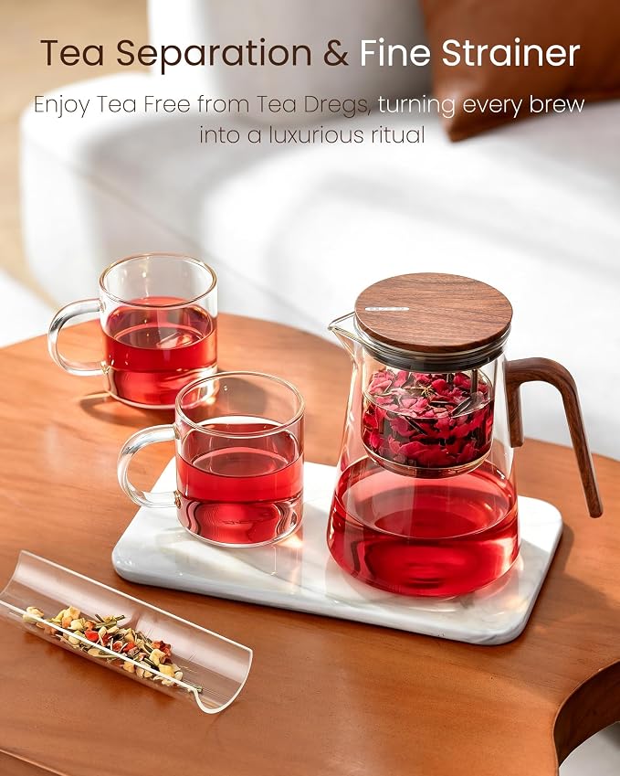 ZENS Magnetic Glass Teapot with Infuser and 2 Cups for Loose Tea, 34oz | Enchanti Magnetic Teapot, Magic Mess Free Loose Leaf Tea Steeper for Tea Lovers Gift, Walnut Pattern