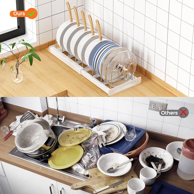 Nigelia Pots and Pans Organizer for Under Cabinet 22" Expandable Food Storage Container Lid Organizer with 10 Adjustable Dividers Pot and Pan Lid Holders Rack Inside Cabinet & Kitchen Countertop White