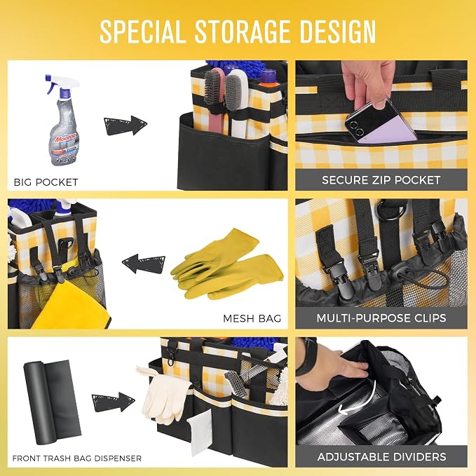 SCAVATA Wearable Cleaning Caddy, Cleaning Caddy Supplies Organizer with Handle & Shoulder Straps for Housekeepers, Under Sink & Car Cleaning Tool Organizers Bag with 4 Foldable Divider (YellowPlaid)