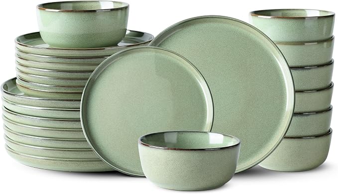 GBHOME Dinnerware Sets for 8, 24 Pieces Ceramic Plates and Bowls Set | Scratch Resistant Stoneware Dishes Set, Dishwasher & Microwave Safe, Reactive Glaze-Pastel Green