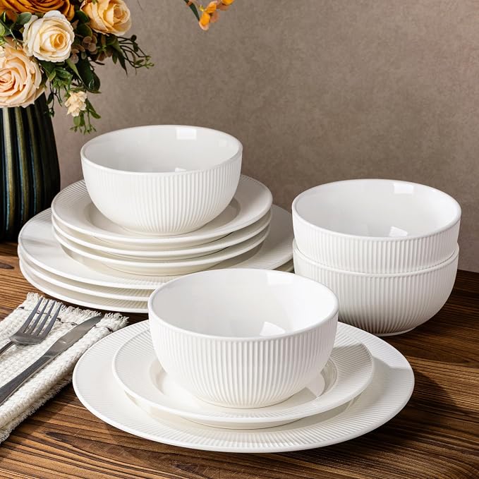 Ceramic Dinnerware Set for 4, 12-Piece Plates and Bowls Set | Lightweight Porcelain Dish Set, Scratch Resistant, Oven & Microwave & Dishwasher Safe, Bright White