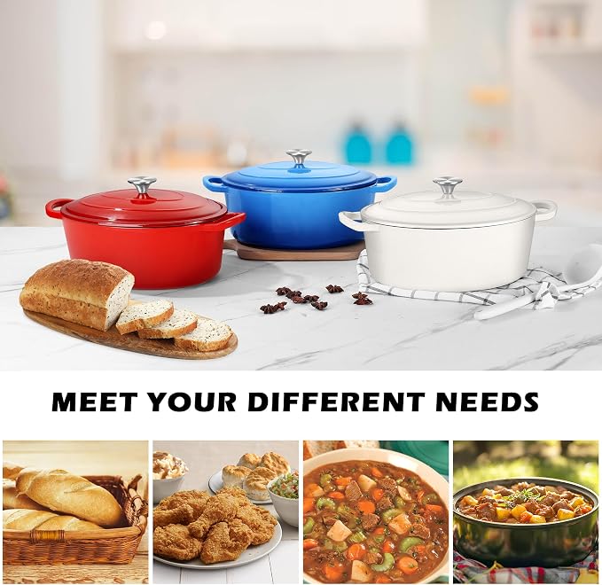 TeamFar Oval Dutch Oven, 5qt Enameled Cast Iron Dutch Oven Pot with Lid | For Bread Baking/Stewing/Braising/Frying, Suitable for Various Stoves, Non-stick & Easy Clean, White