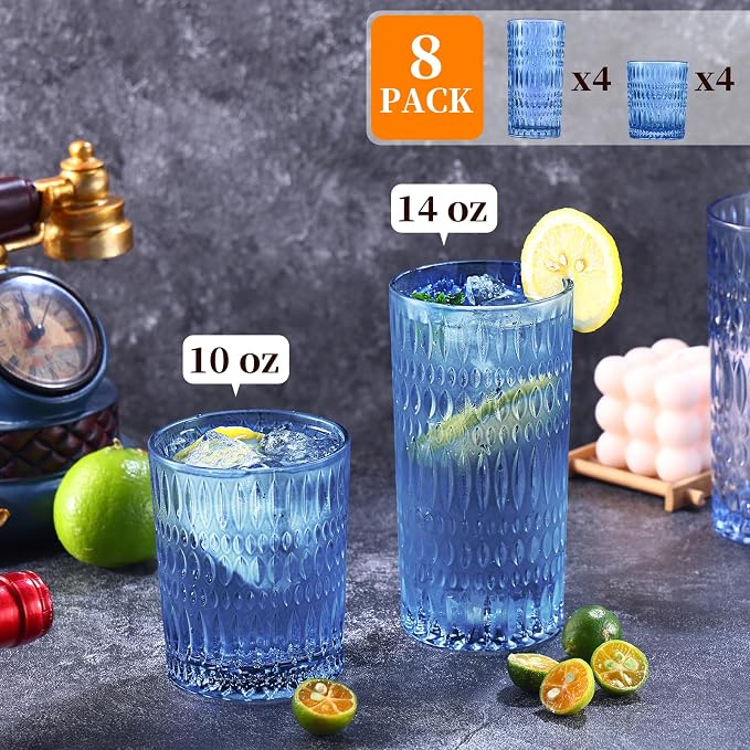 Loivttvv Glassware Drinking Glasses Set of 8, 14 oz Highball Glasses & 10 oz Ribbed Glass Cups, Vintage Glassware for Water, Juice, Cocktail, Whiskey (Blue)