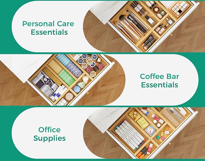 Bamboo Kitchen Drawer Organizer Set of 2, 15" x 6" Stackable Wood Tray | Silverware Utensil Tray for Drawers Bins, Cutlery & Flatware Storage, Wooden Boxes Organizers for Junk Drawer, Bathroom, RV