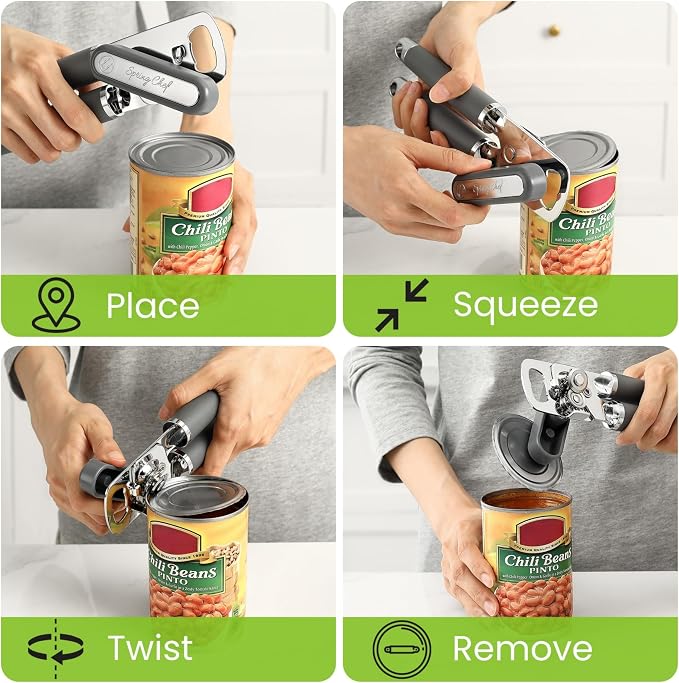 Spring Chef Stainless Steel Manual Can Opener with Soft Grip Handles, Gray | Heavy Duty Hand Can Opener for Seniors with Smooth Edge, Easy Turn, 3in1 Can Opener with Magnetic Lid Remover & Bottle Opener