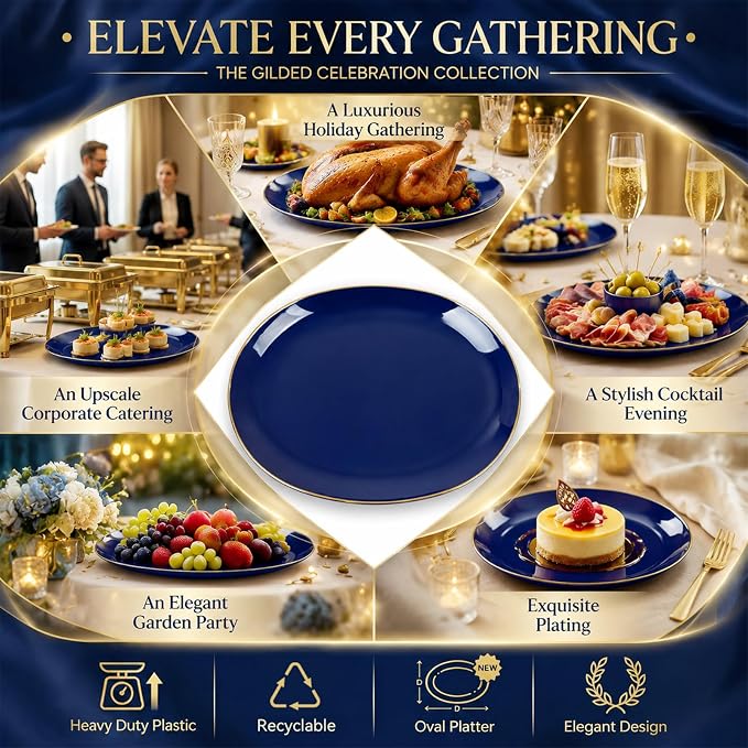 6PCS Oval Blue Plastic Plates - 10"x12" Navy Blue and Gold Plastic Platters - Heavy Duty Oval Disposable Serving Trays for Parties/Birthday/Weddings/Catering/BBQ