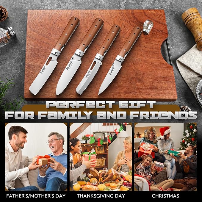 Huusk Folding Chef Knife Set-4Pc with Bag- EDC Kitchen Knife Set | Including Nakiri, Santoku, Bread and Fruit Knives, 440C Stainless Steel , Ultra Sharp Blade, Gift Box