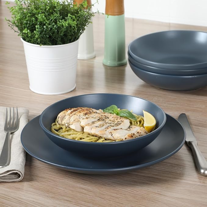Gibson Home Queenslane 16-Piece Matte Blue Stoneware Dinnerware Set – Double Bowl Plates and Bowls, Durable Kitchen Dinner Set