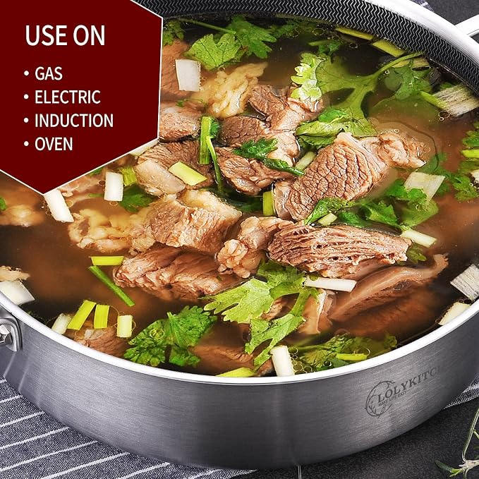 LOLYKITCH 6-Quart Deep Skillet with Lid | 12 Inch | 4-6 Servings | Hybrid Nonstick | Tri-Ply Stainless Steel | Large Frying Pan | Saute Pan | Jumbo Cooker | Oven & Induction Ready