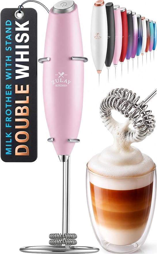 Zulay Kitchen Powerful Double Whisk Milk Frother Handheld - Foam Maker With Stand - Whisk Drink Mixer for Coffee, Mini Foamer for Latte, Matcha, Frappe, Hot Chocolate & Cappuccino - Magnetic Pink