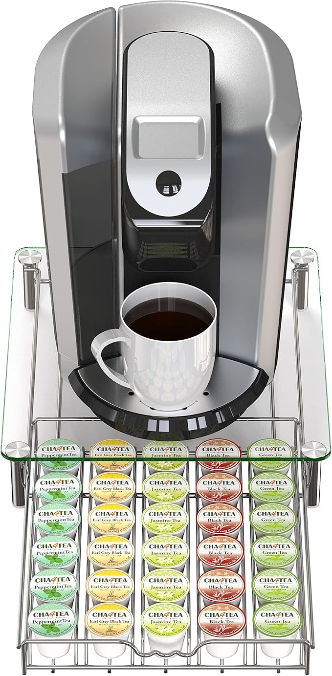 Deco Brothers Tempered Glass K-Cup Holder Drawer for 30 Coffee Pods, Chrome