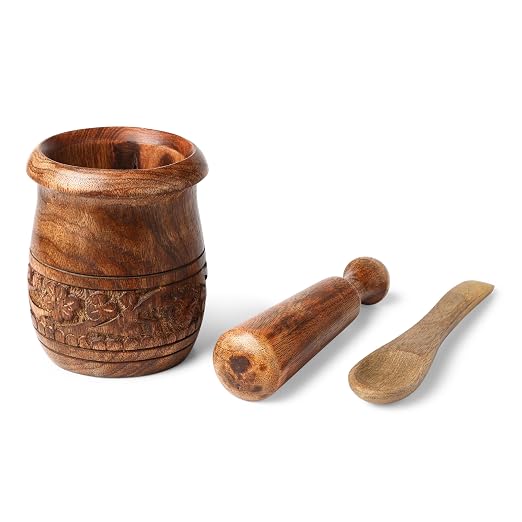 GoCraft Wooden Carved Mortar and Pestle | Grinder for Herbs, Spices and Kitchen Usage, Natural Mango Wood Engraved | Handmade Mortar and Pestle - 3.5 in