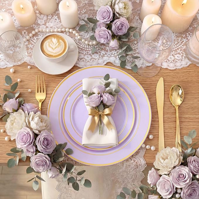 350PCS Purple Plates Disposable - Purple Plastic Plates 50Guests Lavender Disposable Dinnerware Sets with Rolled Napkins for Wedding/Birthday/Baby Shower/Bridal Shower