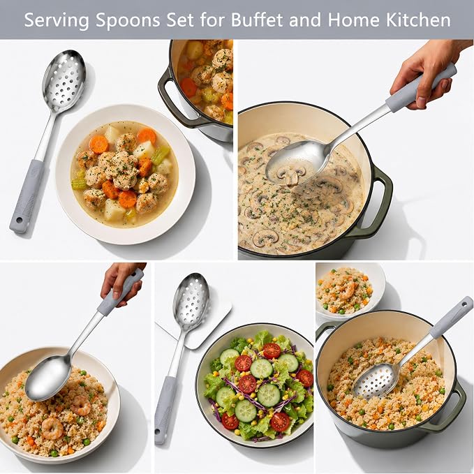 Serving Spoon Set with Silicone Handles,2-Piece spoon | Stainless Steel Serving Spoon, Slotted Spoon & Soup Ladle Set for Buffet and Home Kitchen