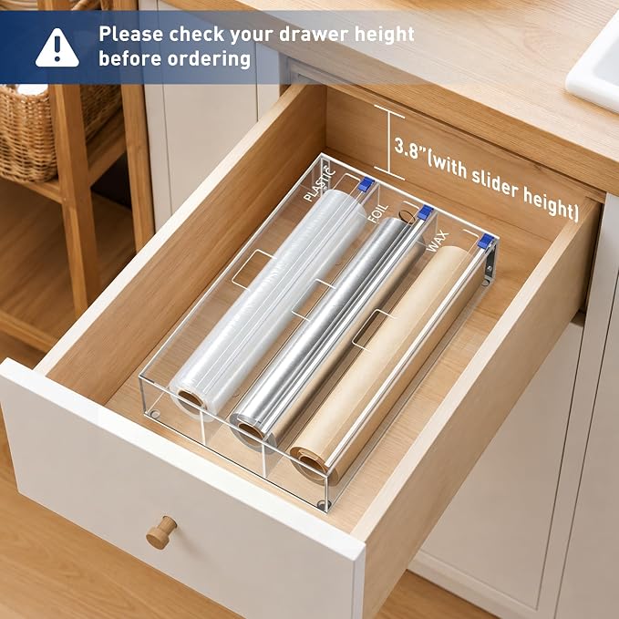 3 In 1 Acrylic Aluminum Foil, Plastic Wrap Organizer with Cutter | Clear Kitchen Storage for Wax Paper Dispenser Holder, For Drawer or Wall Mount, Fits 12 Inch Roll