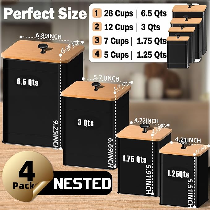 Kitchen Canister Set of 4, Black Airtight Metal Flour Sugar Containers | Flat Bamboo Lids, Reusable Labels & Marker, Wide Openings, Coffee Tea Containers, Kitchen Countertop and Pantry Organized