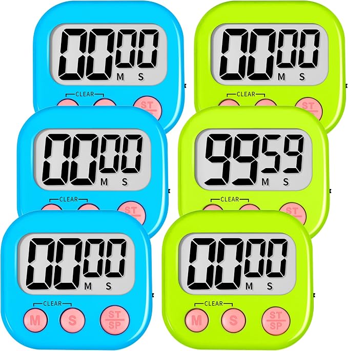 ZILLEEN Digital Kitchen Timers for Cooking Kids Blue Green 6 Pack | Strong Magnetic, Large Screen, Big Button, Timers for Kids Classroom Cooking Egg Teacher Exercise Study