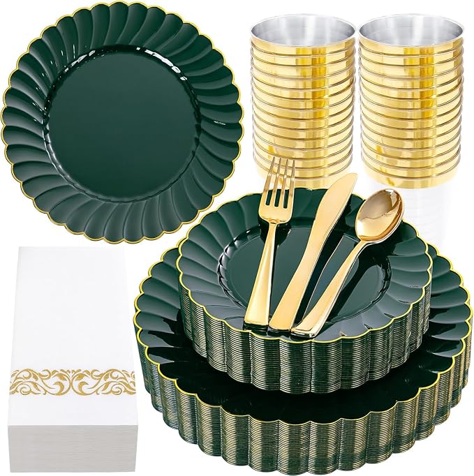 YOUBET 175PCS Green Scalloped Plastic Plates for Party Wedding | Green and Gold Disposable Dinnerware Set Include 50 Plates, 75 Gold Silverware, 25 Cups, 25 Napkins