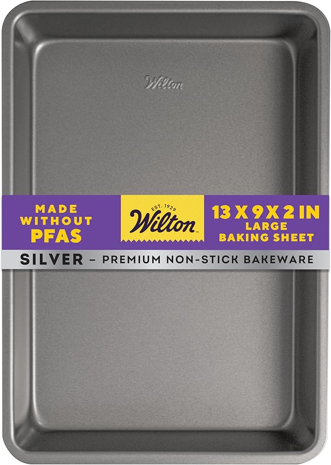 Wilton Silver Non-Stick Oblong Cake Pan, Made Without PFAS, 13 x 9 x 2 in. | Non-Stick Steel Bakeware, Dishwasher Safe with 5-Year Limited Warranty, Perfect for Cakes, Lasagna & Roasting Meals
