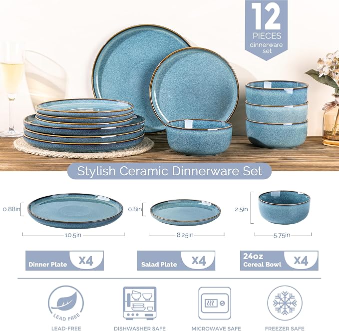 GBHOME Dinnerware Sets for 4, 12 Pieces Ceramic Plates and Bowls Set | Scratch Resistant Stoneware Dishes Set, Dishwasher & Microwave Safe, Reactive Glaze-Space Blue