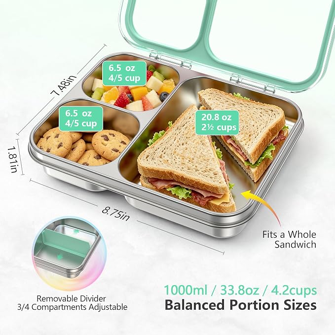 LOHASOK Stainless Steel Bento Lunch Box, 34oz/1000ml, Green | 3-Compartment, Leak Proof, Lightweight, Clear Plastic Lid, for Kids Adults, BPA/BPS Free, Dishwasher Safe