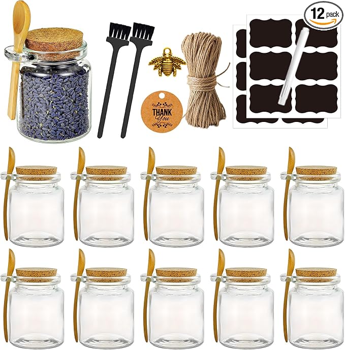 Sugar Scrub Containers, Bath Salt Jar, Spice Jars with Bamboo Spoon, Body Scrub Containers, 8oz Sugar Scrub Jars, Homemade Butter Container W/ Labels and Cleaning Brush, 12 Pack
