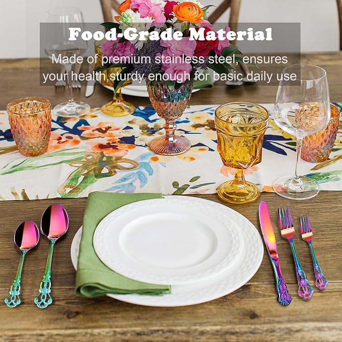 Runfly Gorgeous Retro Royal Rainbow Stainless Steel 20-Piece Flatware Set | Silverware Set for 4, Anti-rust Cutlery Set Utensils Kitchen Including Fork Spoon and Knife
