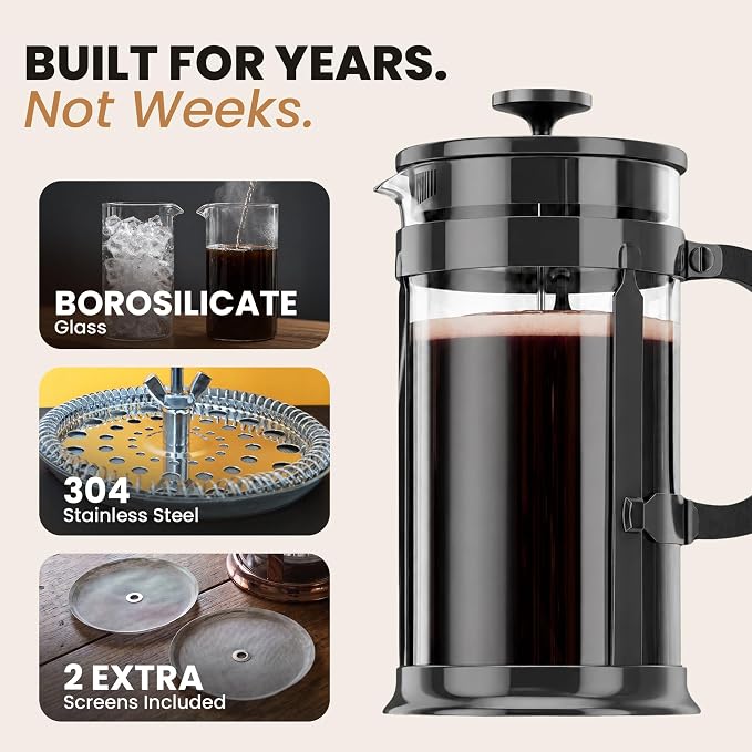 EzDtach French Press Coffee Maker 34oz Grey – Borosilicate Glass Pot | 304 Grade Stainless Steel French Press, Double Filter and 2 Extra Screens for Rich, Full-Bodied Flavor at Home or Office