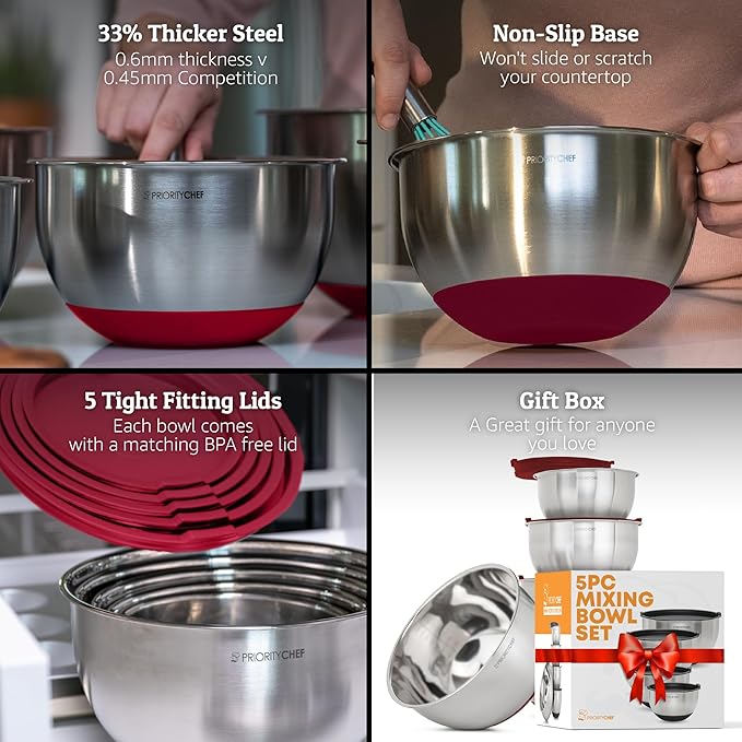 Premium Mixing Bowls With Airtight Lids Set, Thicker Stainless Steel Mixing Bowl Set, Large Prep Metal Bowls with Lids, Nesting Bowls for Kitchen, 1.5/2/3/4/5 Qrt, Red