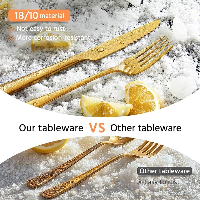18/10 Flatware set for 8, 40 Piece Gold Stainless Steel Silverware Set | KINGSTONE Forged Flatware Cutlery Set, Mirror Polished Knives Fork and Spoon Utensils, Dishwaher Safe for Home Wedding Party
