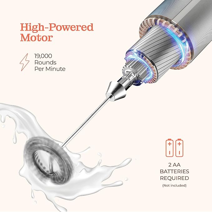 Powerful Handheld Milk Frother, Mini Milk Foamer, Battery Operated Stainless Steel Drink Mixer with Frother Stand