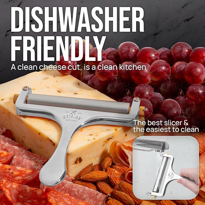 Zulay Kitchen Stainless Steel Wire Cheese Slicer - Adjustable Hand Held Cheese Cutter with 2 Extra Wires - Premium Cheese Knife for Mozzarella, Cheddar, Gruyere - Cheese Cutter with Wire (Silver)