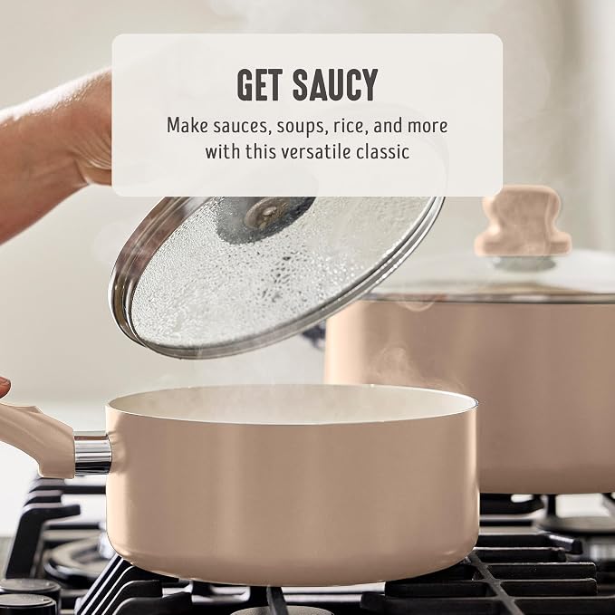 GreenLife 2QT Ceramic Nonstick Saucepan with Lid, Beige Taupe | PFAS-Free Ceramic Nonstick Coating, Soup Pot, Induction Ready, All Stovetop Compatible, Stay-Cool Handles, Dishwasher Safe