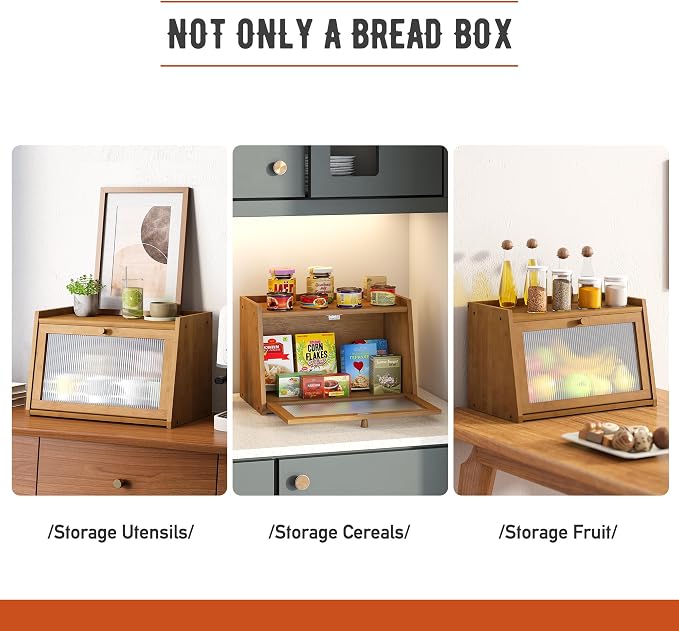 GHWIE Large Bread Box, Easy Access & Cleaning - Bamboo Bread Box for Kitchen Countertop with Acrylic Door (Coffee, Medium)