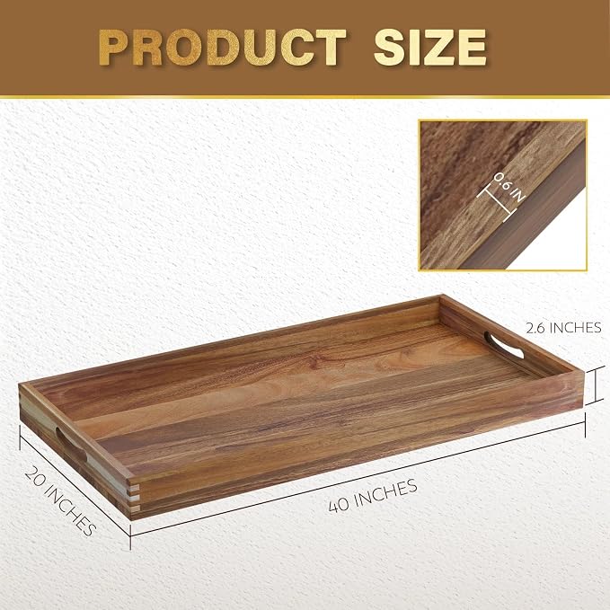 Extra Large Ottoman Tray, 40 x 20 inches Acacia Wood Serving Tray | Rectangle Wooden Decorative Tray with Handles, Oversized Coffee Table Tray, Serving Platter Tray for Living Room, Breakfast
