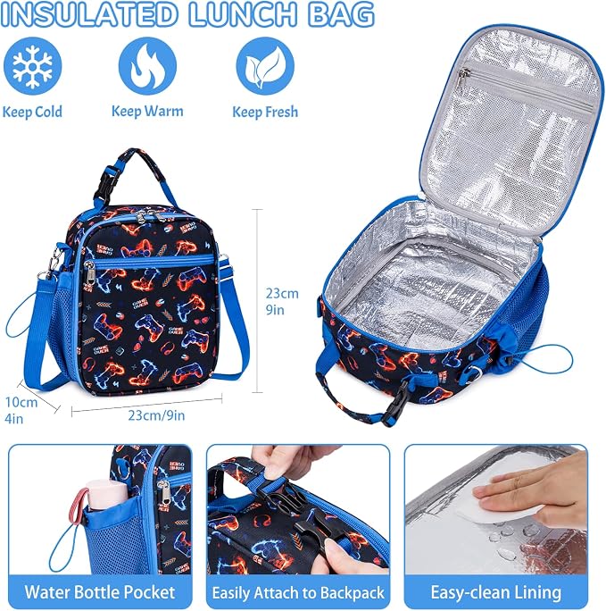 Bento Lunch Box for Kids Adult, Leakproof 3-4 Compartment Bento Box Set with Insulated Food Jar,Water Bottle, Lunch Bag, School Lunch Container for Toddler Teen Girls Boys Ages 3+(Game)