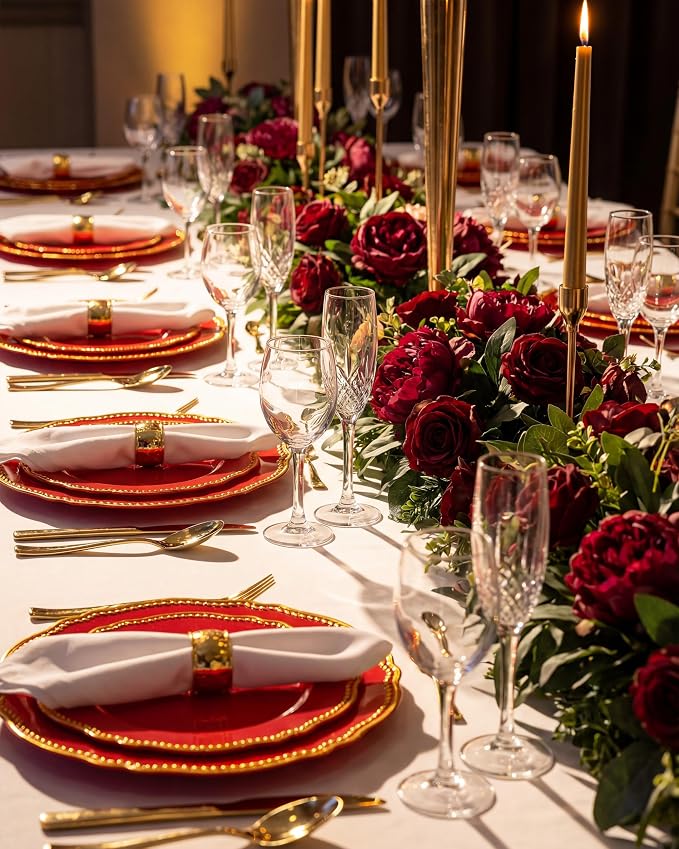 350 Pcs Red Gold Plastic Plates Wedding & Party | Red Plastic Dinnerware Set Includes 50 Dinner Plates, 50 Dessert Dinnerware, 50 Cups, 50 Pre-rolled Napkins