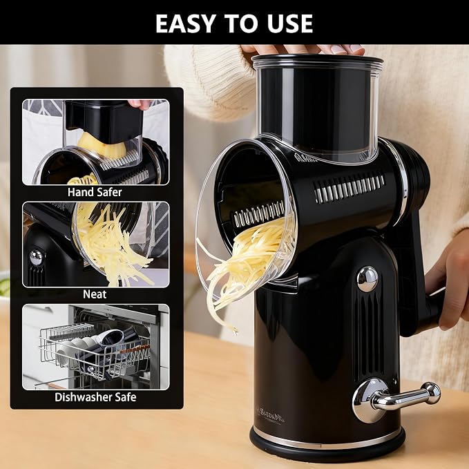 Rotary Cheese Grater with Handle, 5-Blade Cheese Shredder, BPA-Free (Black) | Cheese Grater Hand Crank Slices, Shreds & Grates – Features Strong Suction Base, Stainless-Steel Blades & Easy Clean-Up