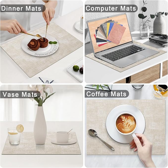 Homaxy PU Faux Leather Placemats for Dining Table, Set of 4, Beige | Waterproof Wipeable Washable Table Mats, Easy to Clean Anti-Slip Place Mats, 11.8" x 17"