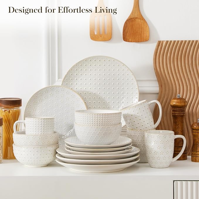 MALACASA 16 Pieces Dinnerware Set, Farmhouse Style Stoneware Plates and Bowls Sets for 4, Embossed Boho Ceramic Dish Set with Mugs, Microwave & Dishwasher Safe, Series LYDIA