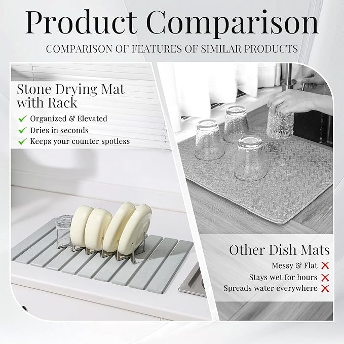 Diatomaceous Stone Dish Drying Mat with Collapsible Steel Rack - Quick Dry Kitchen Counter Set, Space Saving Foldable Dryer