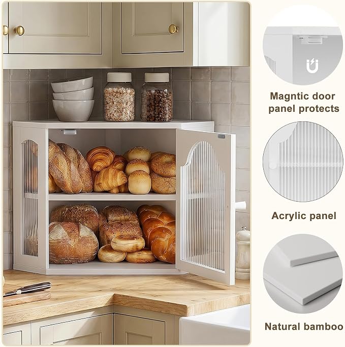 2-Tier Corner Bread Box for Kitchen Countertop with Acrylic Wavy Door Panel | Bread Storage for Homemade Bread, Large Bamboo Vintage Farmhouse Bread Bin, Cabinet Cupboard Pantry, White, Meduim