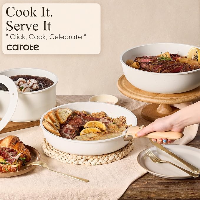CAROTE 33pcs Pots and Pans Set Non Stick, Cookware Set Detachable Handle | Induction Compatible, Dishwasher & Oven Safe, Space Saving, Camping Cooking Set, Kitchen Set, White