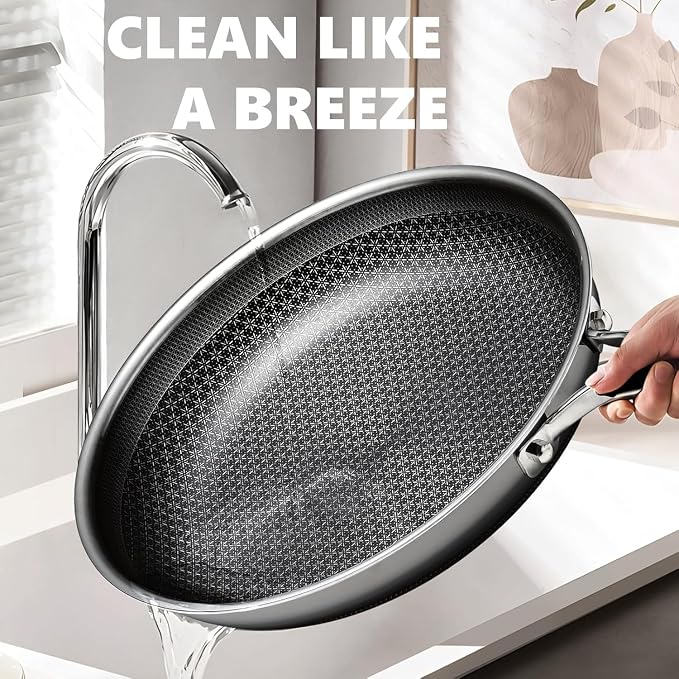 OATOFP Non Stick Stainless Steel Skillets 12 inch, Hybrid Frying Pan with Lid, PFOA Free Cookware, Dishwasher and Oven-Safe Chef Pan