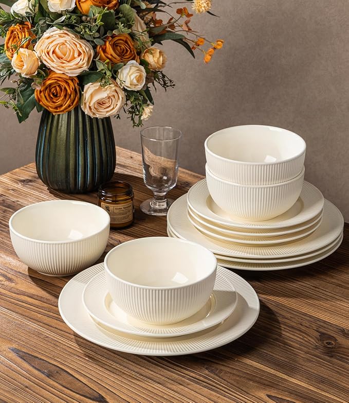 Ceramic Dinnerware Set for 6, 18-Piece Plates and Bowls Set | Lightweight Porcelain Dish Set, Scratch Resistant, Oven & Microwave & Dishwasher Safe, Ivory